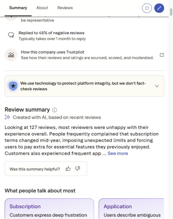 PhotoRoomの最近のレビューをまとめたTrustpilotの自動要約