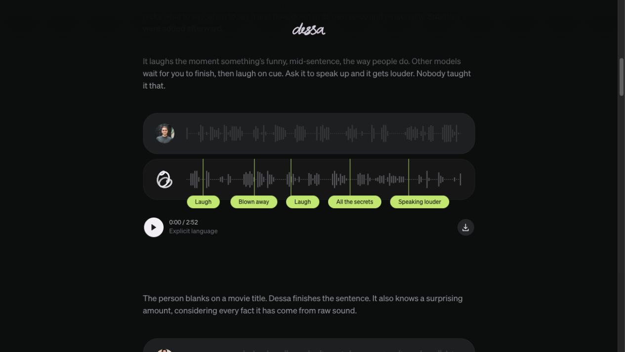 Step 1: The official Dessa recording page shows two speaker tracks and a play button
