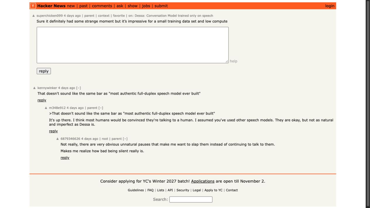 A Hacker News discussion contains contrasting reactions to Dessa's pauses and naturalness