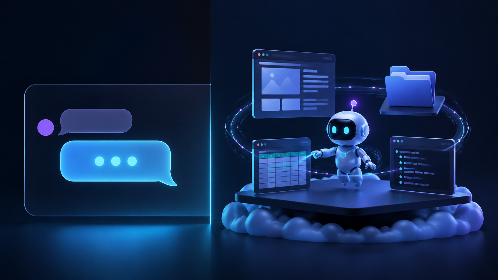 A chat assistant stops at an answer while Grok Bot continues into browsers, files, and apps