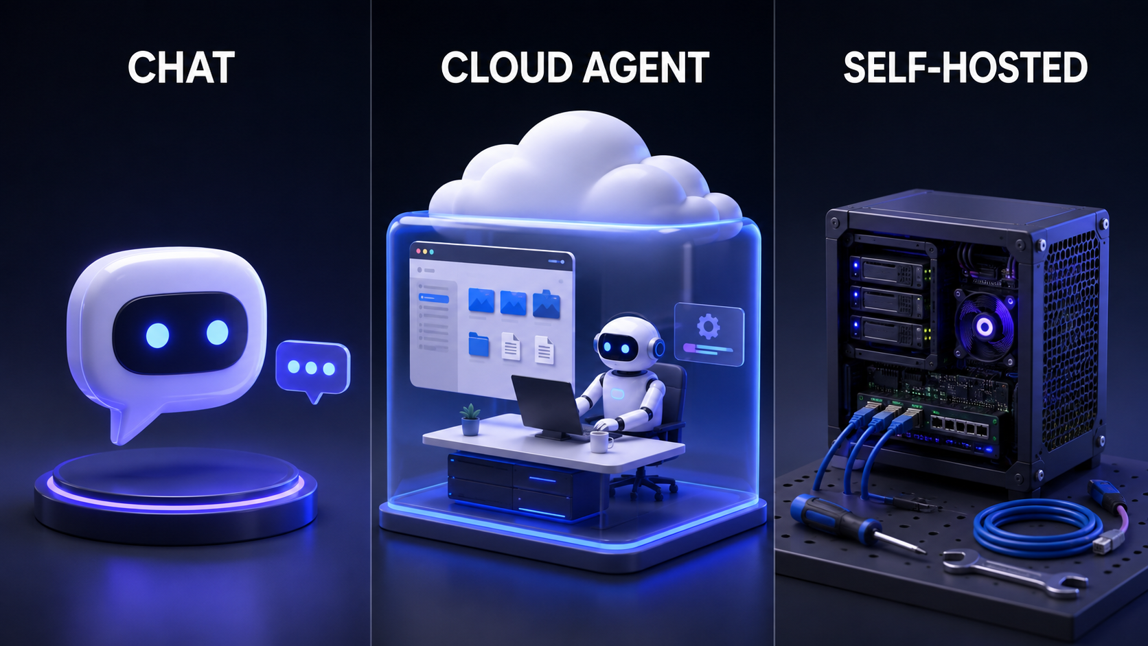 Chat assistants, managed cloud agents, and self-hosted agents serve different jobs
