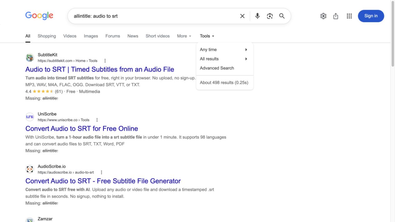 Google Tools menu showing the allintitle result count