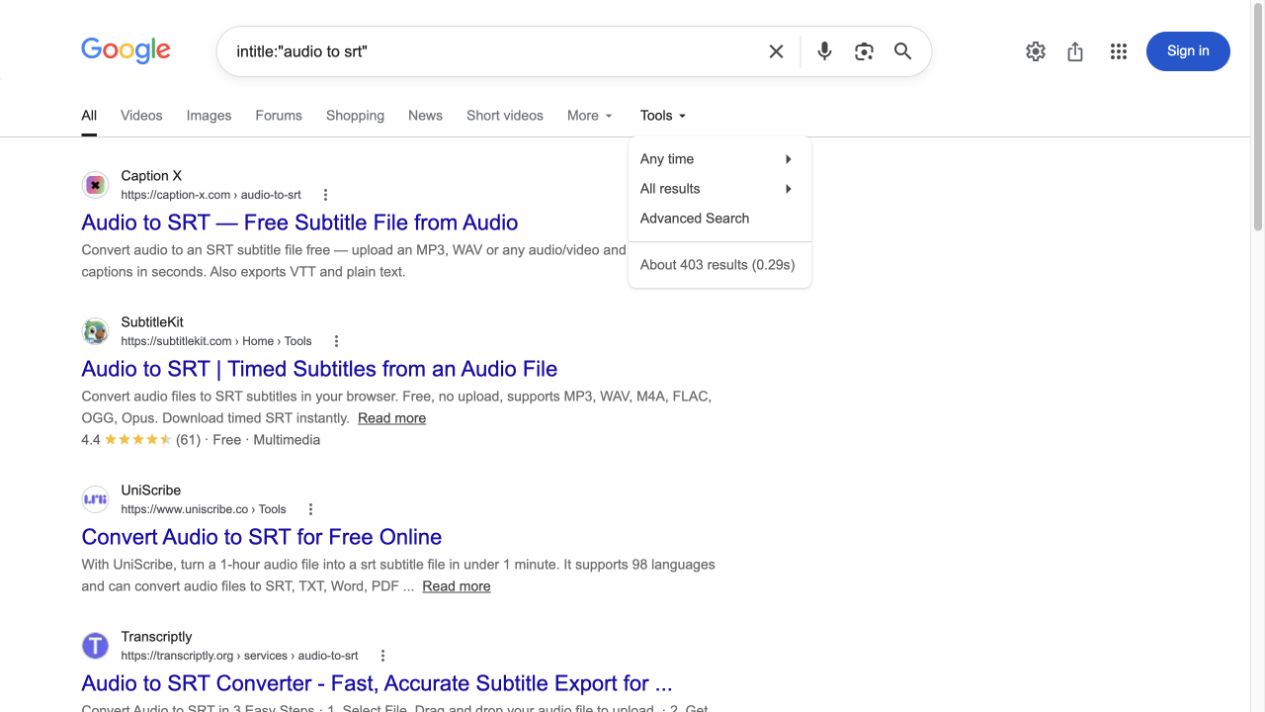 Exact-phrase intitle query showing about 403 results