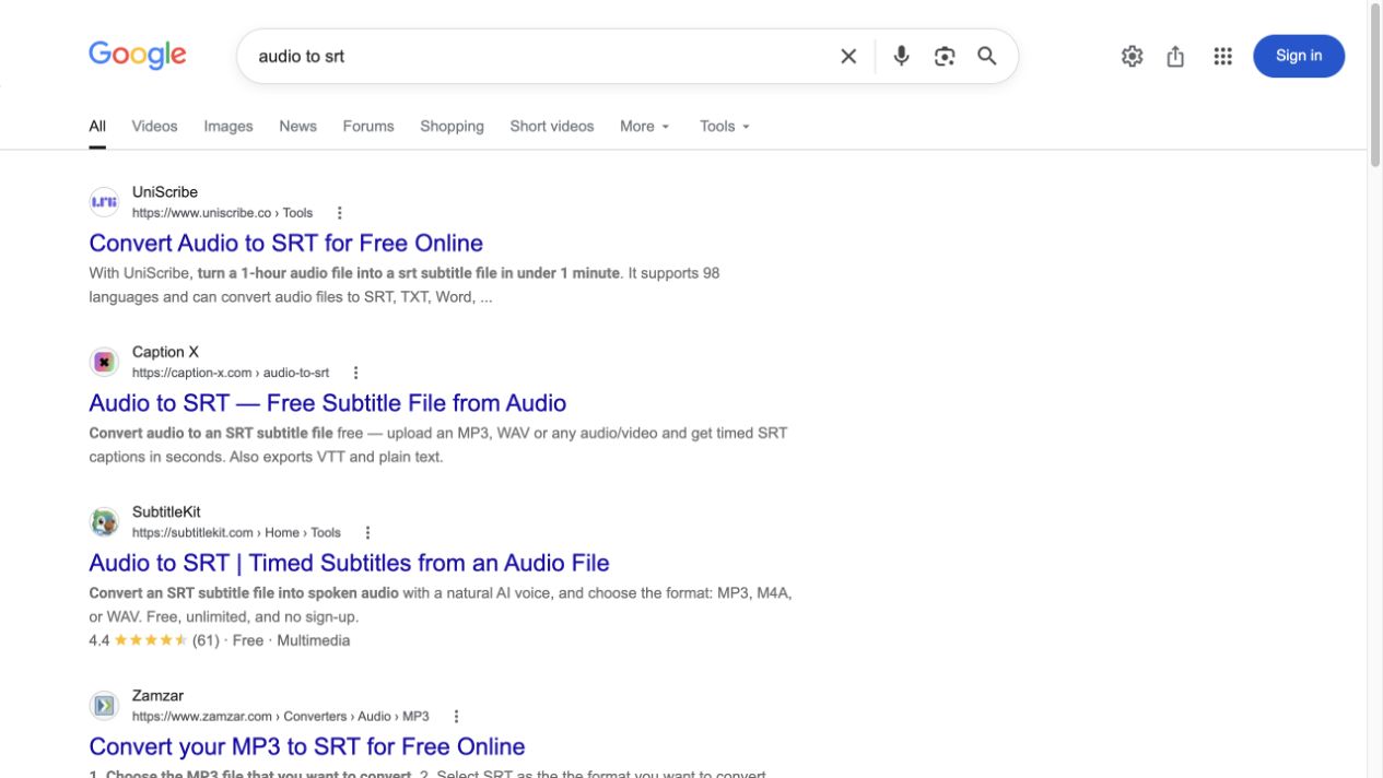 Google results for the normal audio to srt query