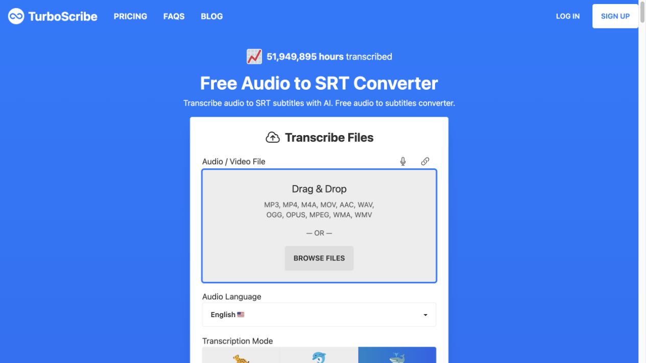 TurboScribe file upload and transcription language controls