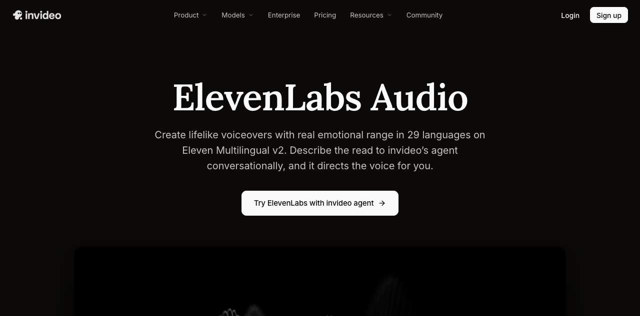 InvideoのElevenLabs紹介ページ。モデル名の下に、エージェントで試すボタンがある