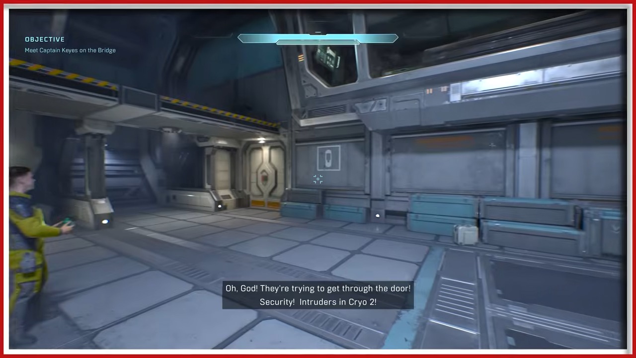 The two cylindrical tanks and the overhead catwalk behind the cryo bay.