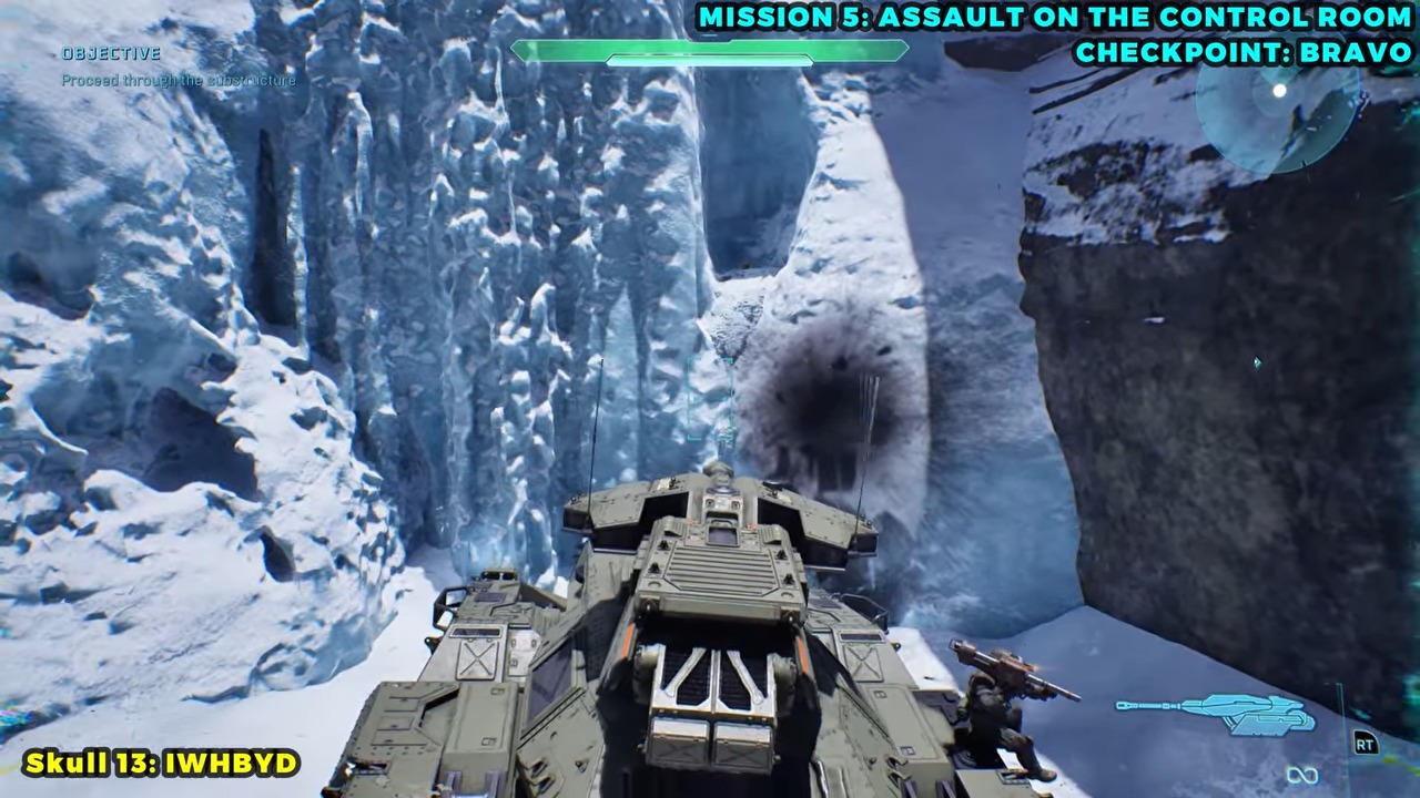 A small opening in the left snowbank after the first thin bridge.
