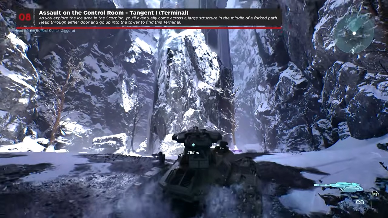 After the ice cave, enter either side of the tower, climb the interior ramp, and follow the upper walkway right.
