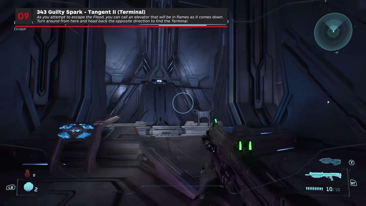 During the escape, cross the gap beside the light bridge into the enemy doorway, then turn right twice at the end of the narrow hall.
