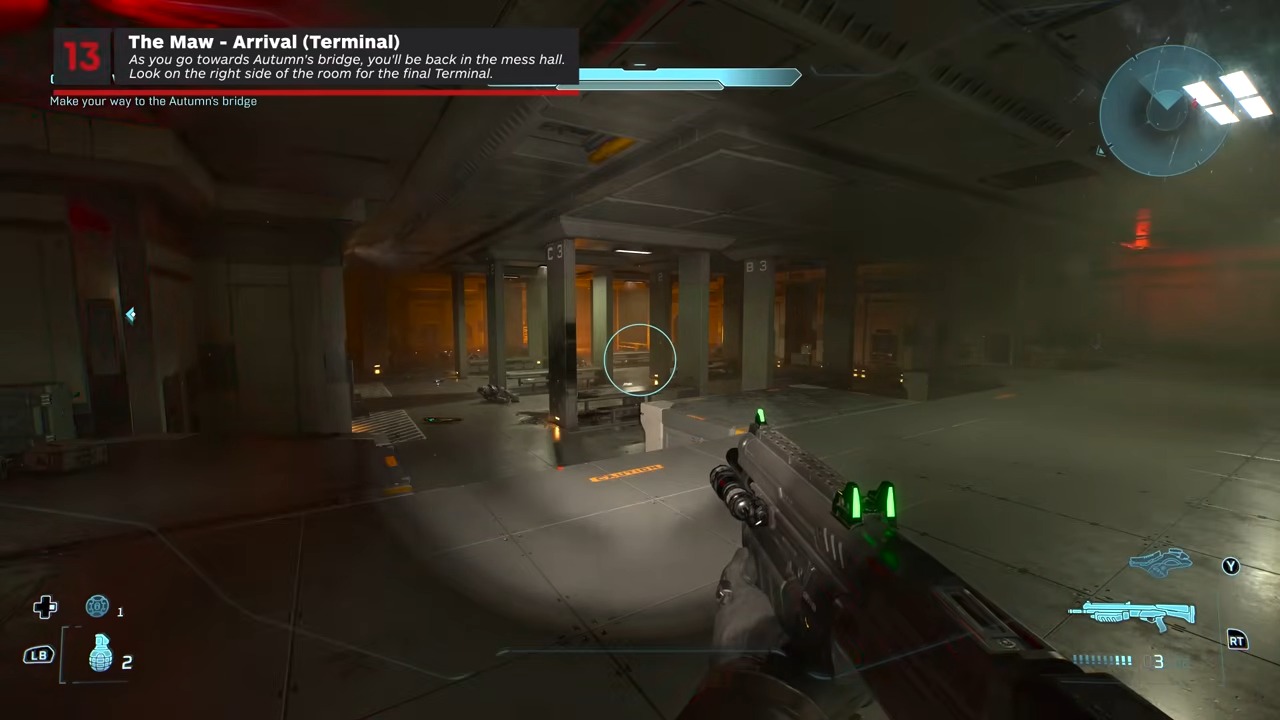 On the objective route, enter the fire-lit mess hall and check the right side beyond the rows of tables.