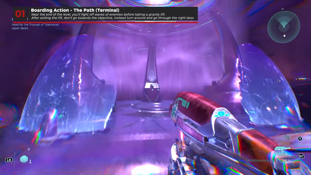 Ride the lift immediately after Leadhead, turn left at the top, use the rear-corner door, and check the right wall.