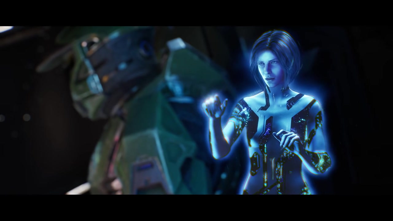 The Chief and Cortana watching Halo break apart from the fighter.