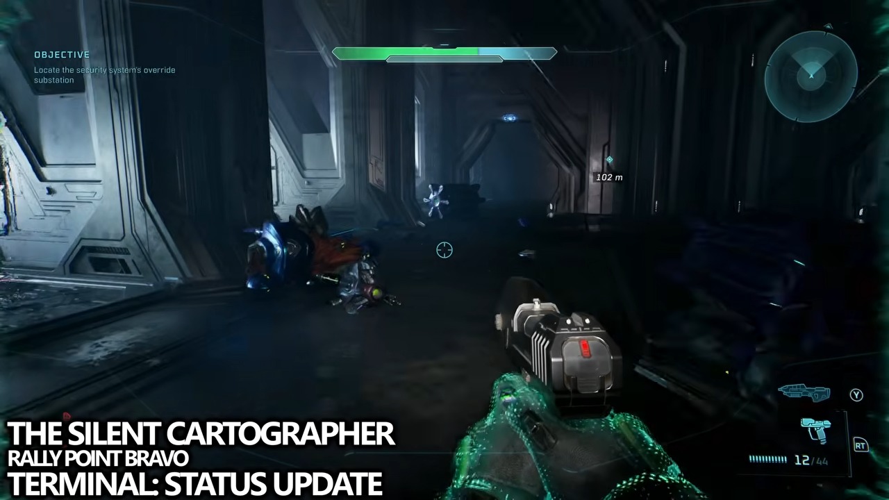 Inside the system-override room, pass the objective device, go to the far wall, and turn around to reveal the terminal.