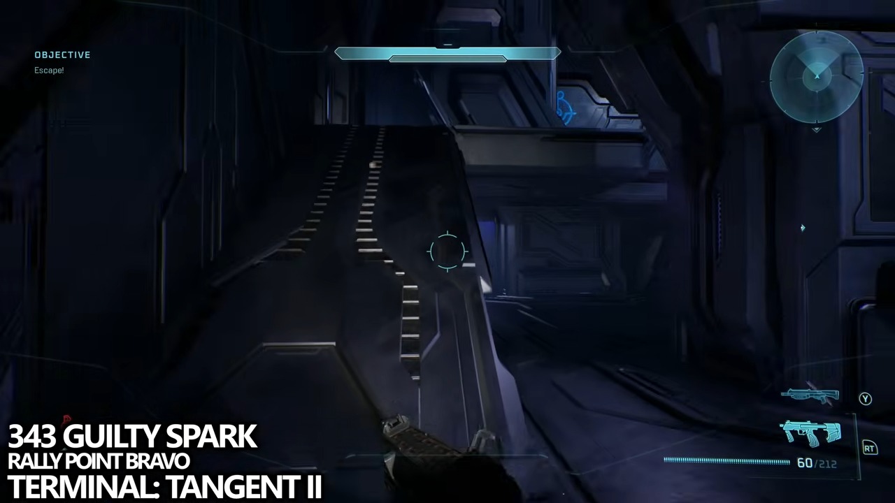During the escape, cross the gap beside the light bridge into the enemy doorway, then turn right twice at the end of the narrow hall.