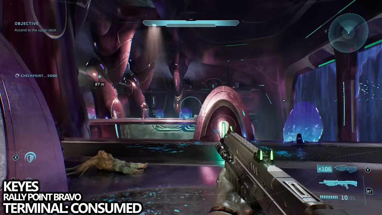 From the shuttle-bay entrance, take the left door, then follow the corridor sequence left, left, right, left.