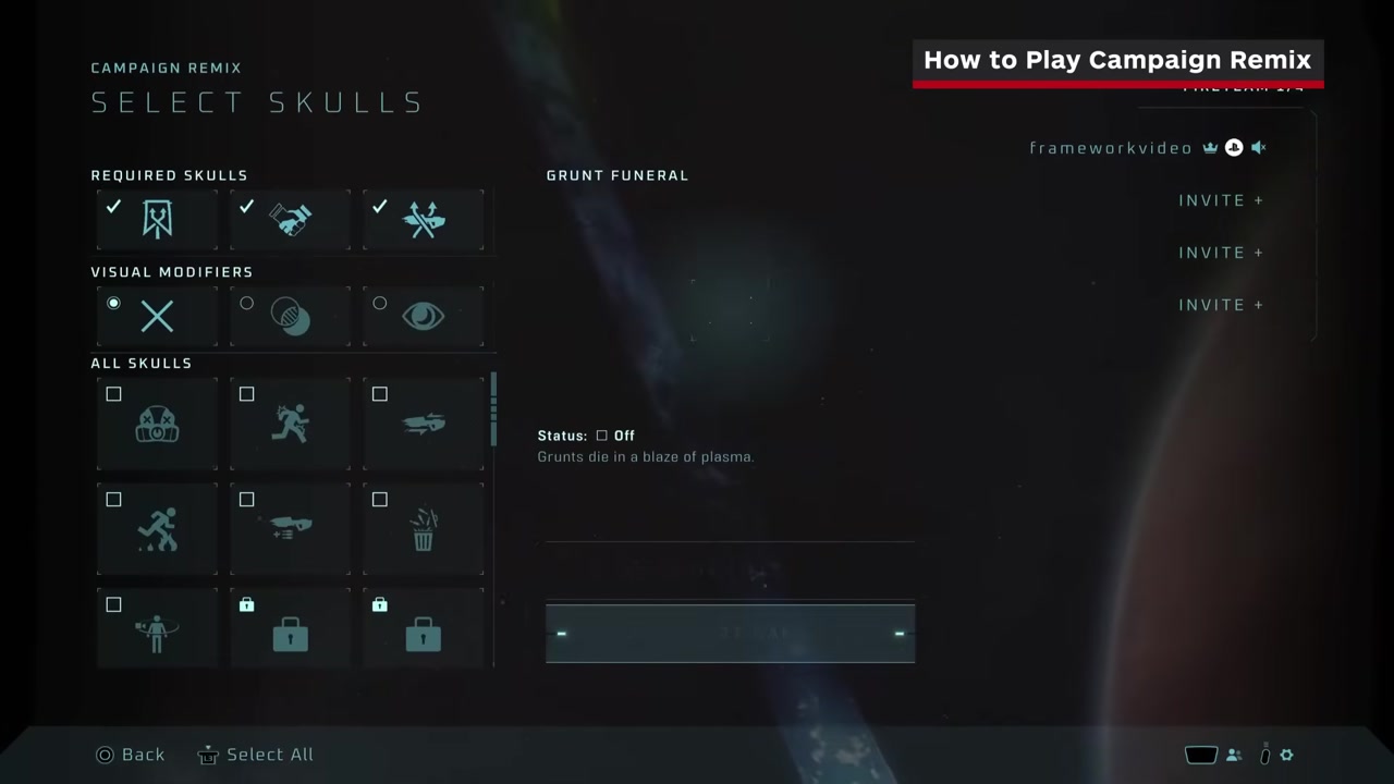 Adaptation, Armistice, and Reload enabled in the Skull menu.