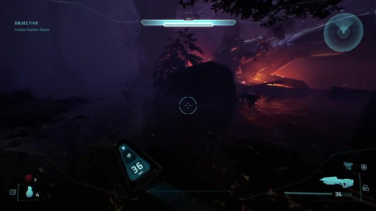 Burning ship, trees, boulder, giant tree trunk