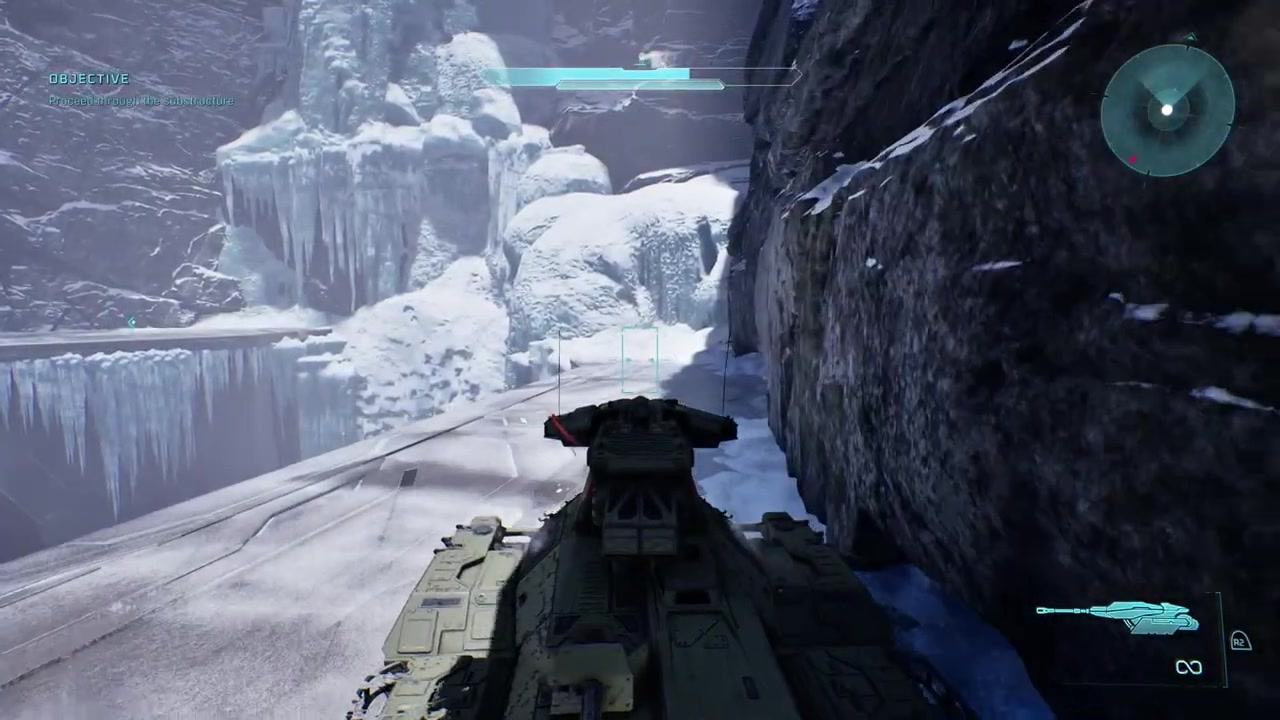 Ice wall with cutout near bridge