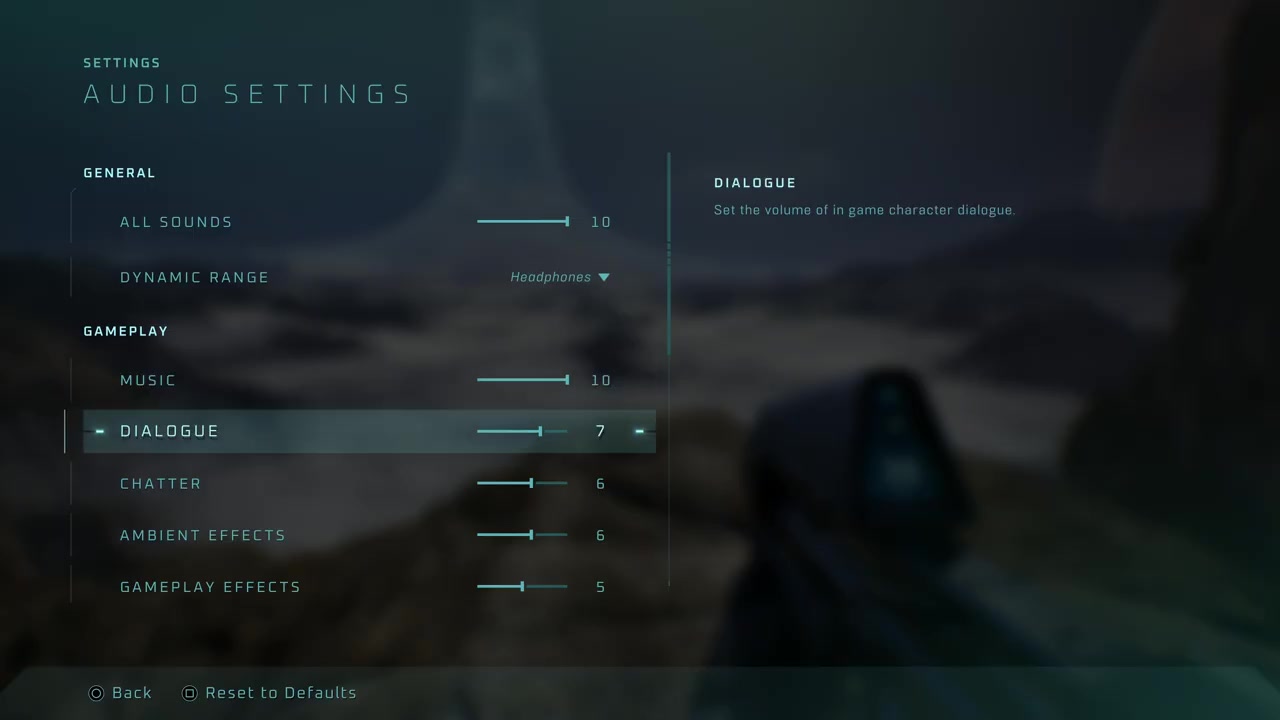 Audio settings screen showing volume sliders for music, dialogue, and effects