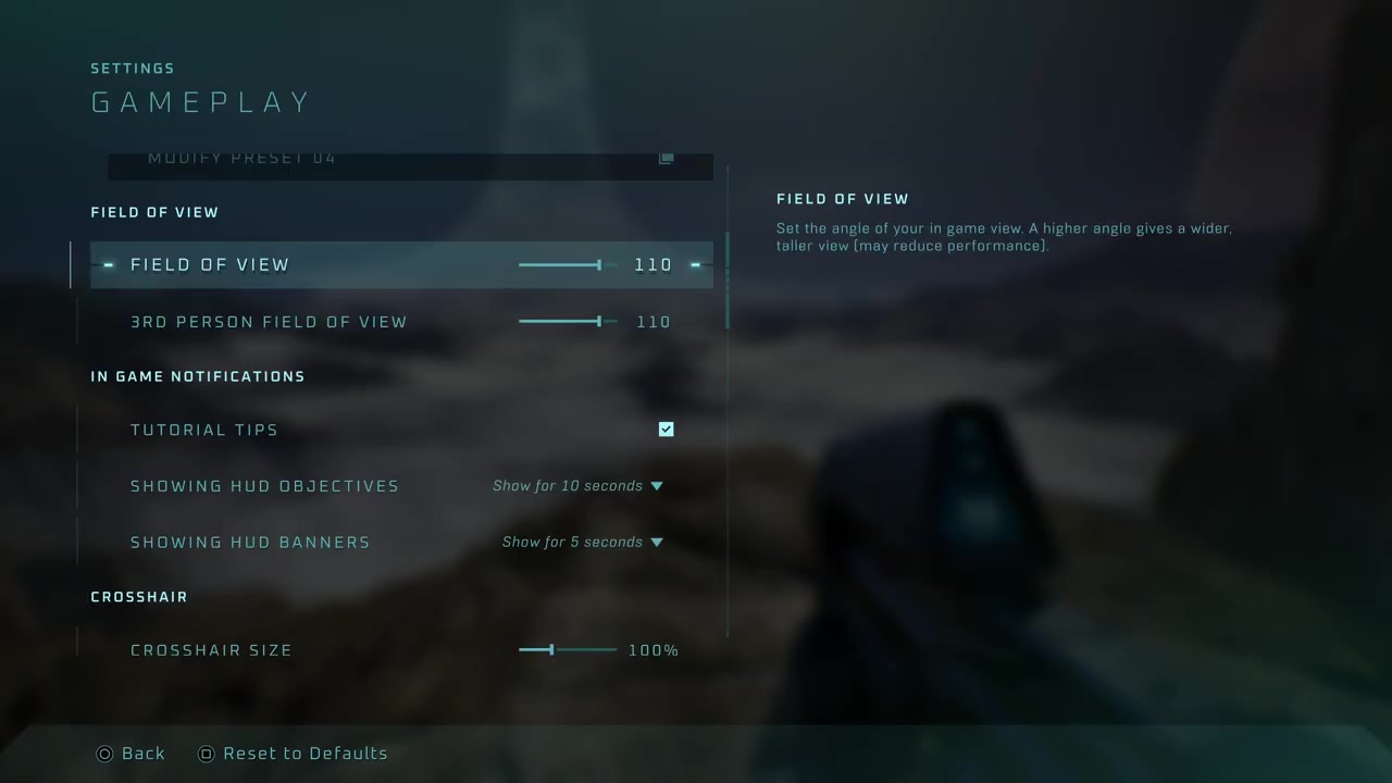 Gameplay settings screen showing 'Field of View' slider
