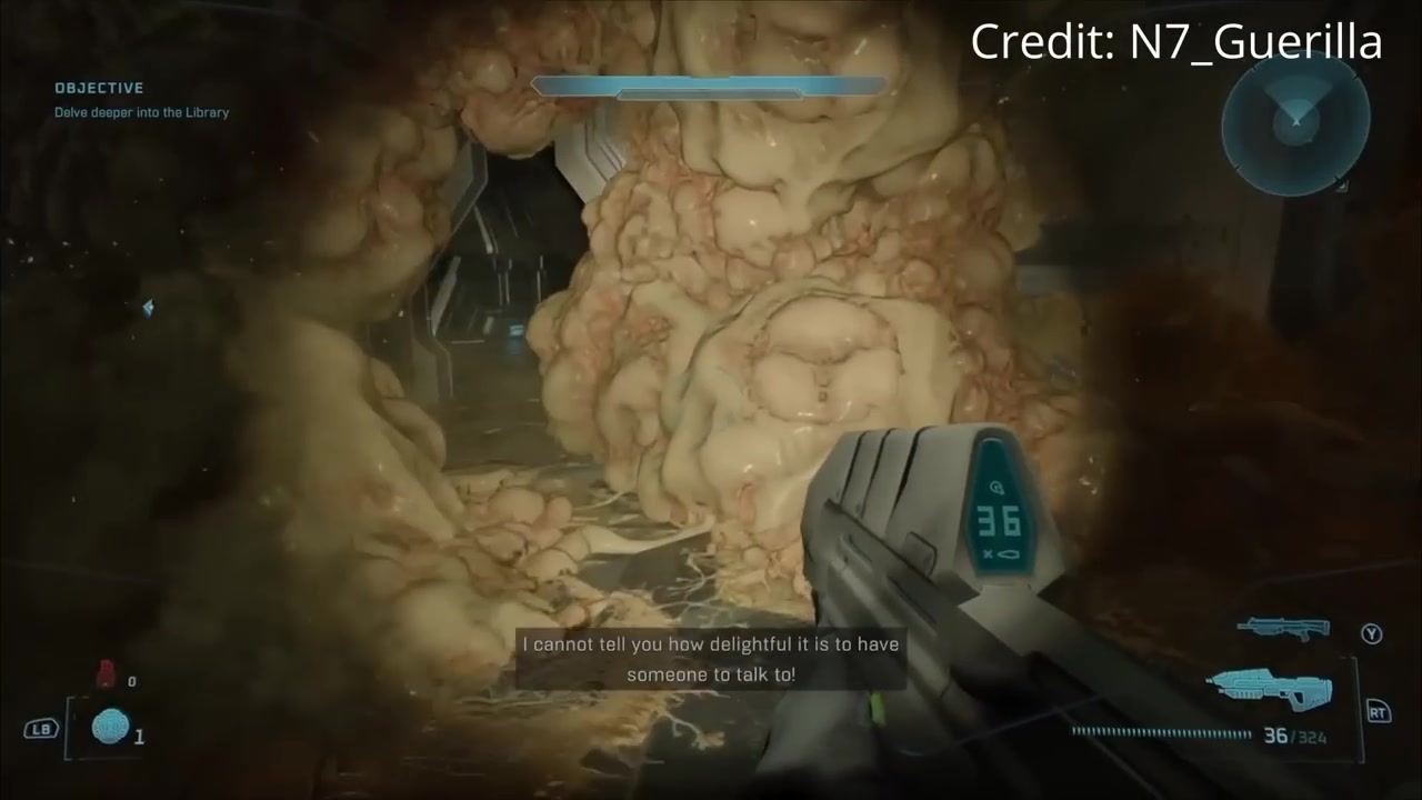 A close-up of a library terminal with a quote from Halo: The Flood visible on screen