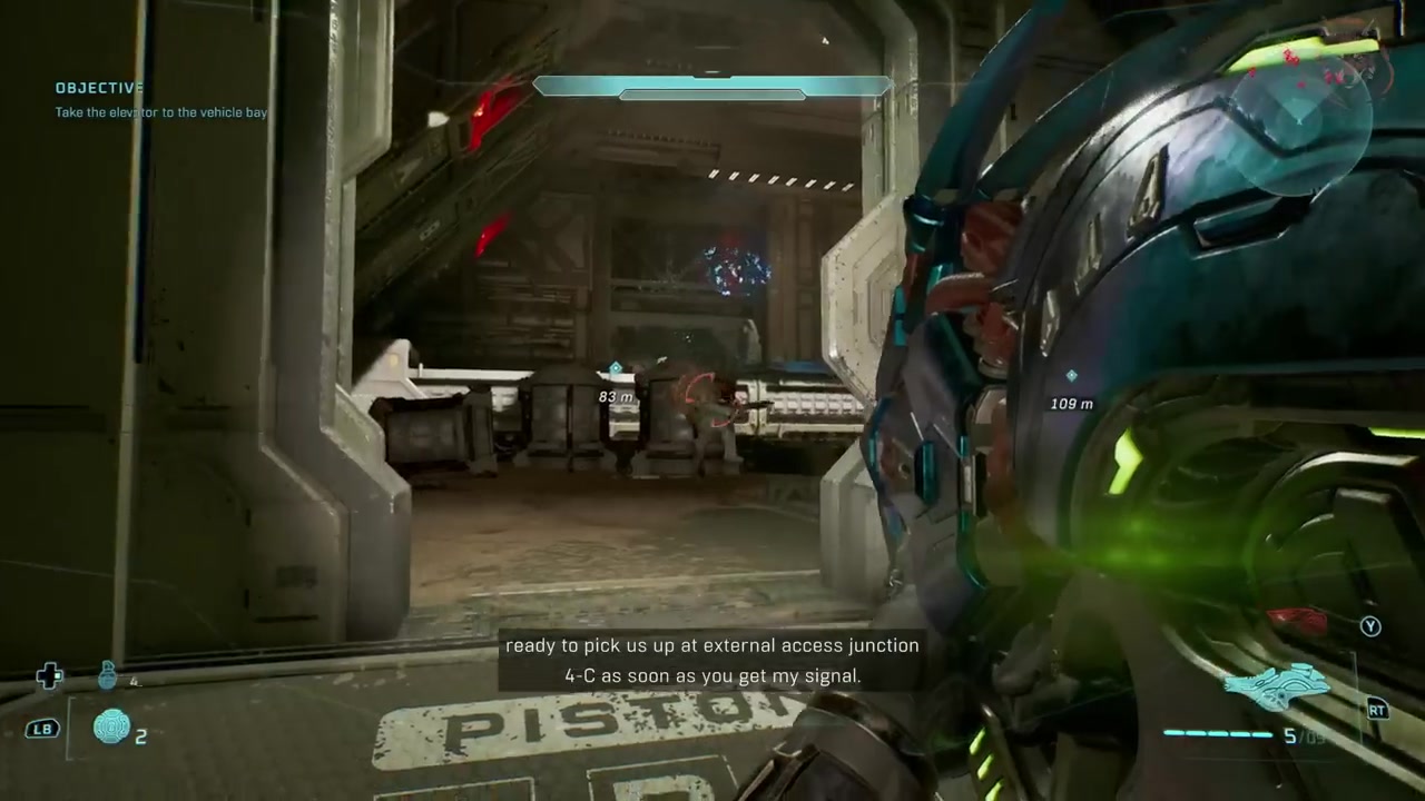Corridor with a hunter and final enemy group before the elevator