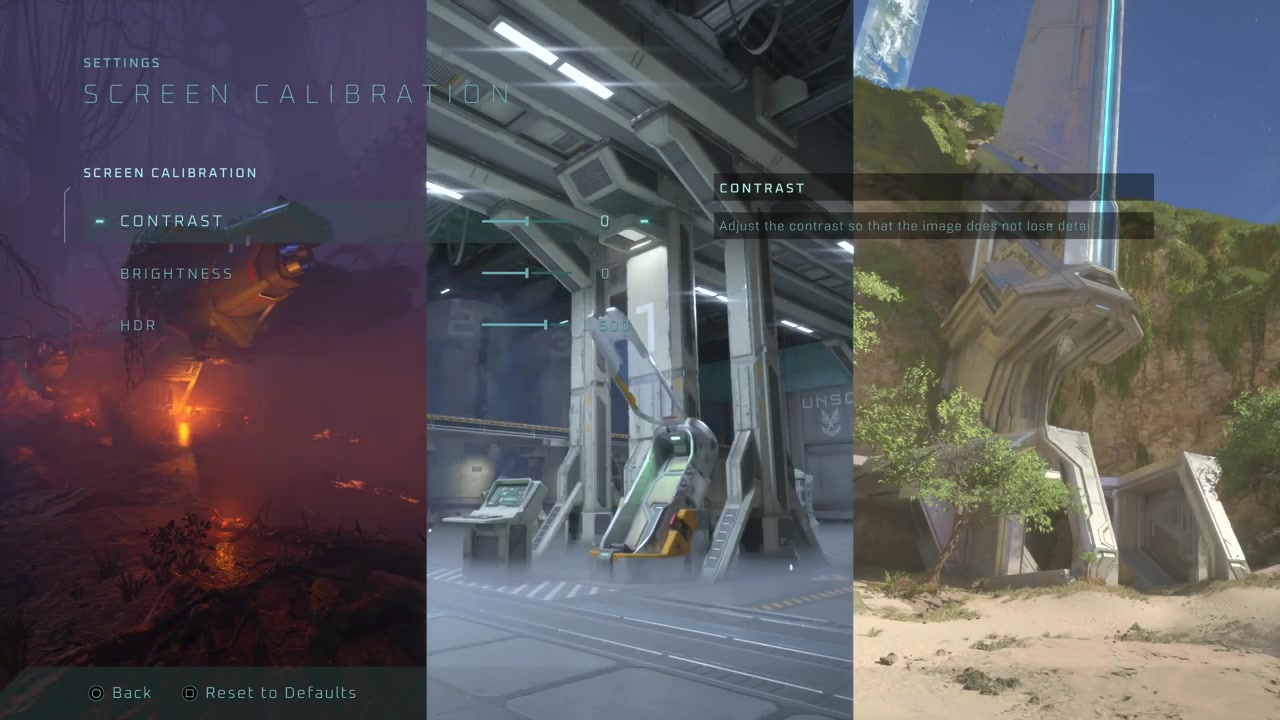 Game menu showing contrast, brightness, and HDR maximum brightness sliders