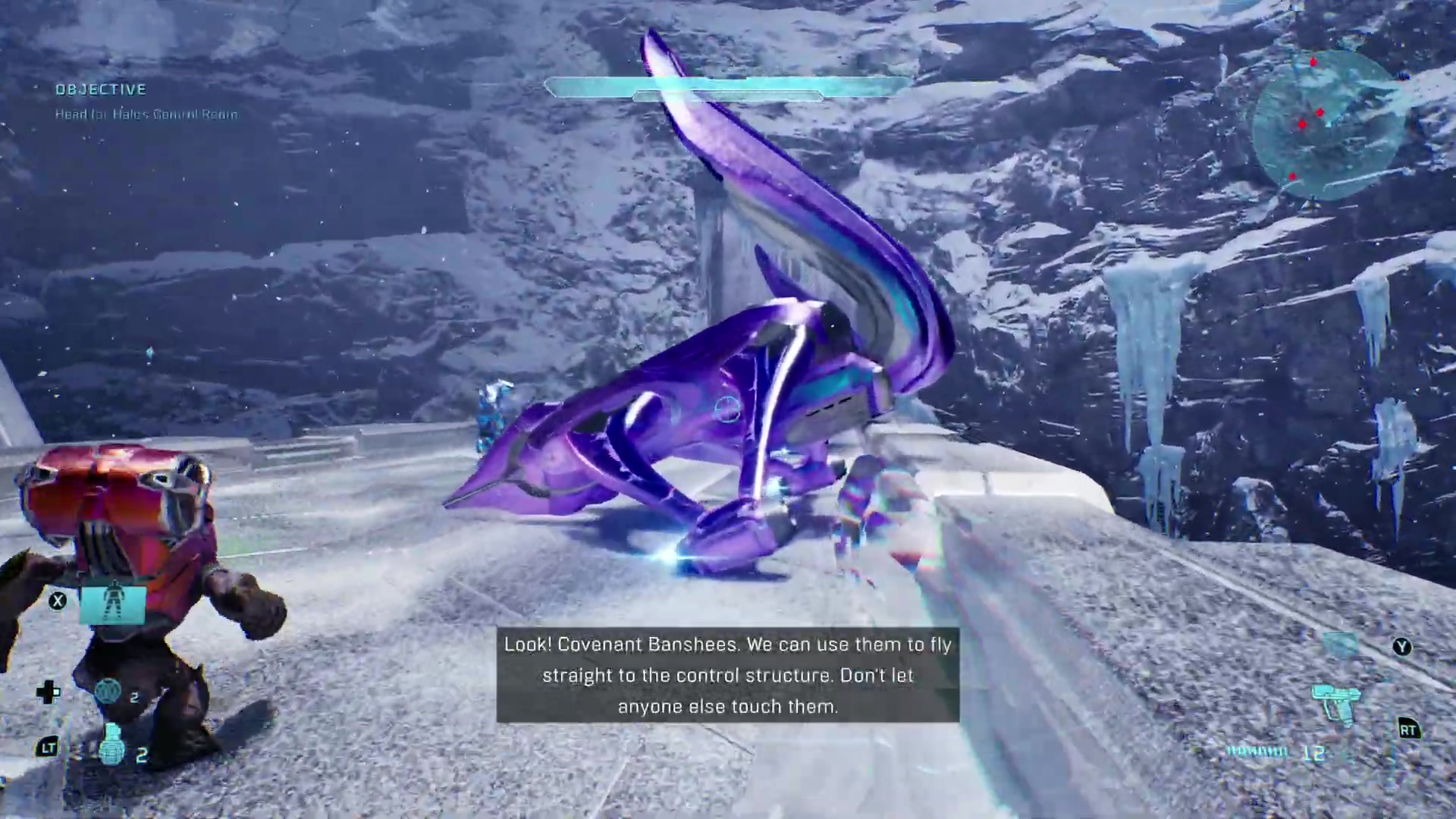The nearer purple Banshee on the snowy exterior platform.