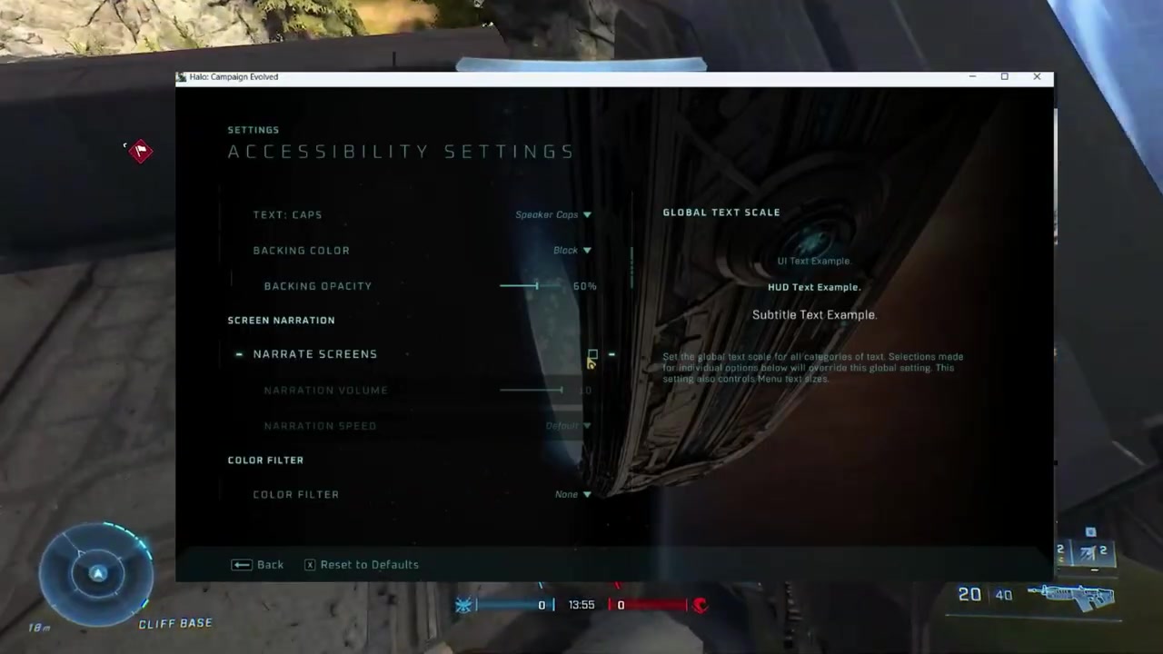 Accessibility submenu with 'narrate screens' checkbox visible