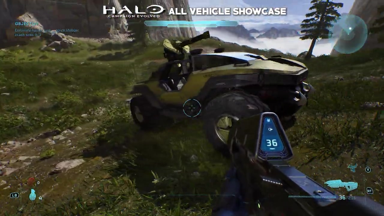 Text overlay showing 'Here is a vehicle showcase for all the drivable vehicles in Halo campaign evolved'