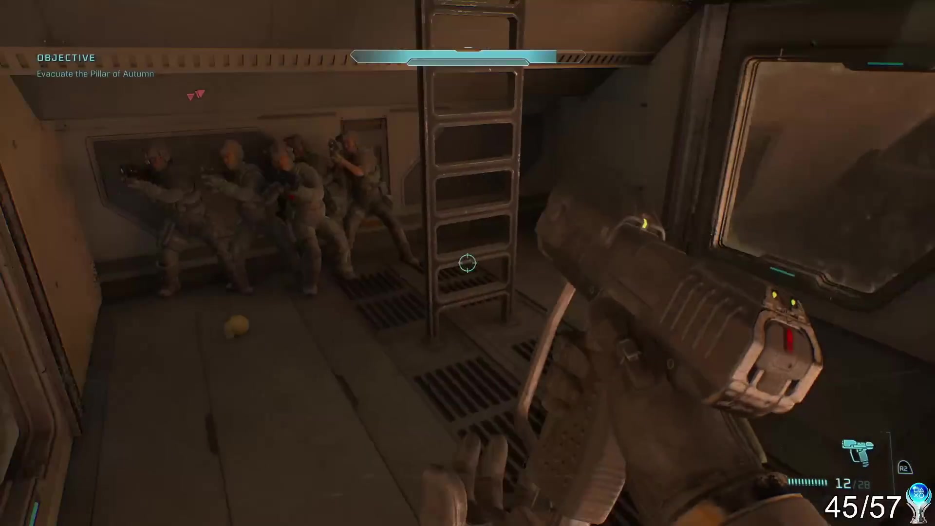 First-person campaign combat with the trophy counter visible in the lower-right HUD.