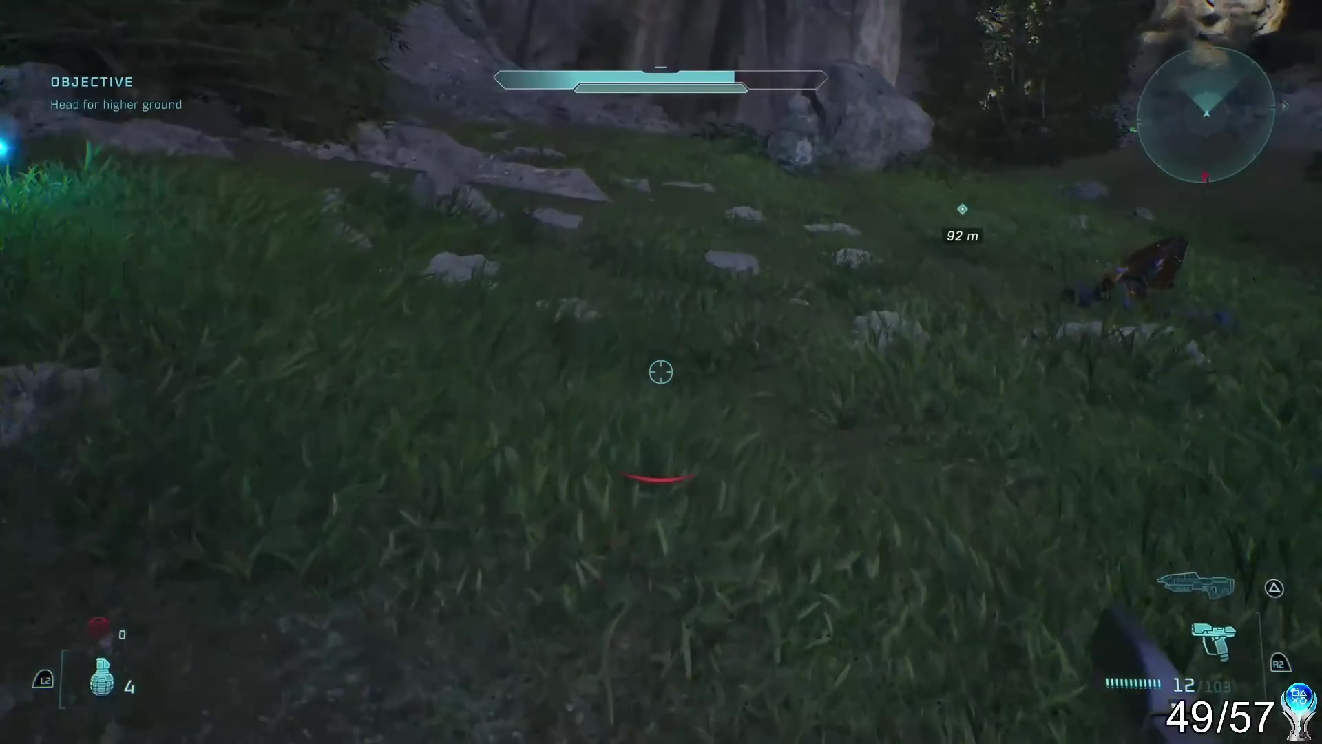 A first-person combat scene with a scoped weapon and the player HUD visible during a skull-condition challenge segment.