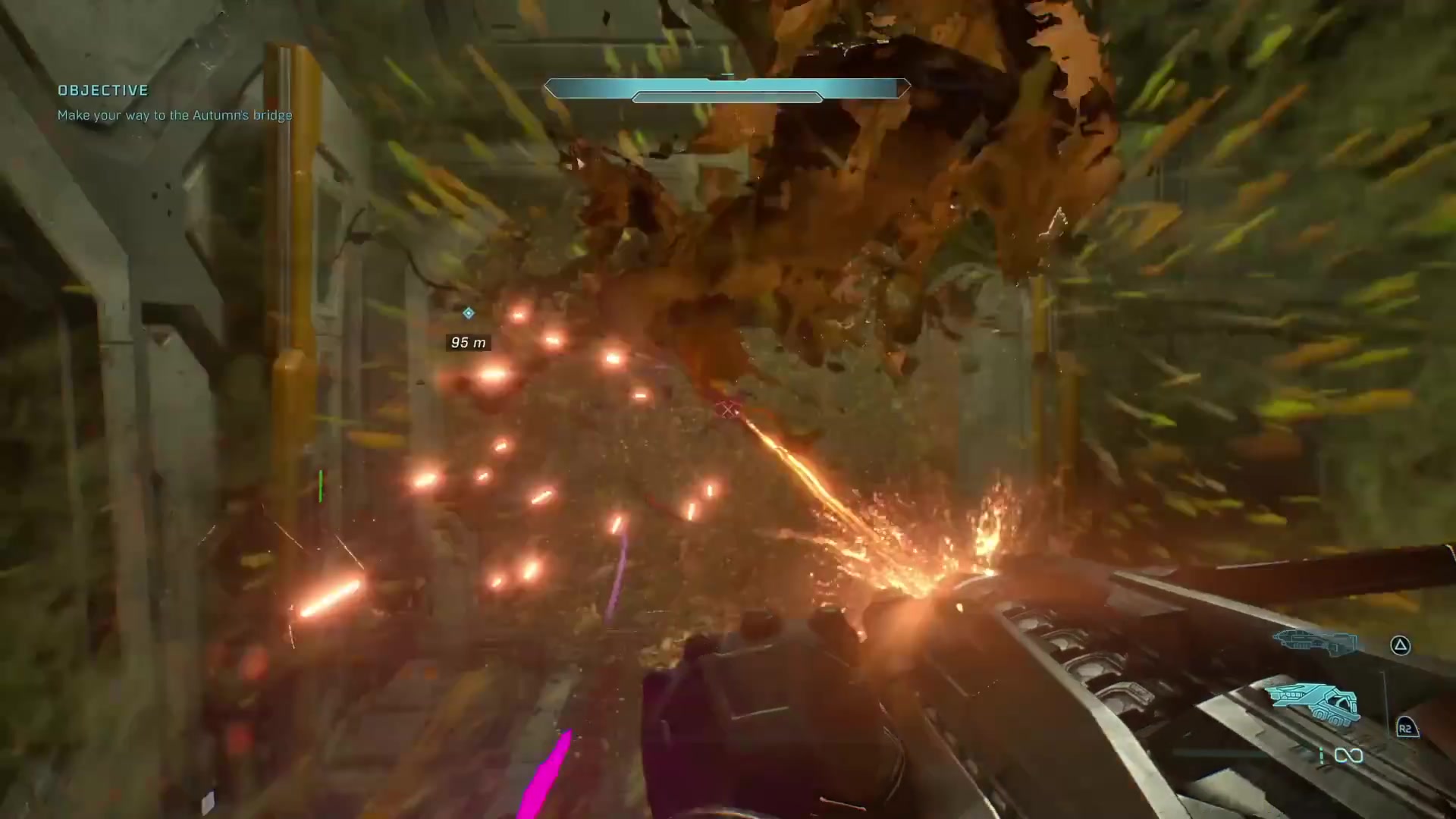 Late-game first-person combat with bright muzzle flashes, an objective marker, and the gameplay HUD visible.