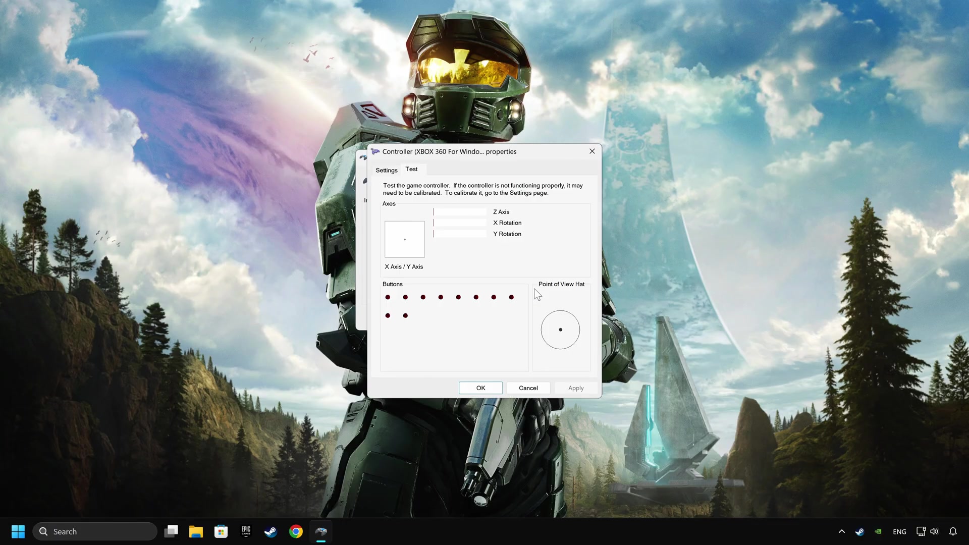 Windows controller calibration panel with the source's input test controls visible.