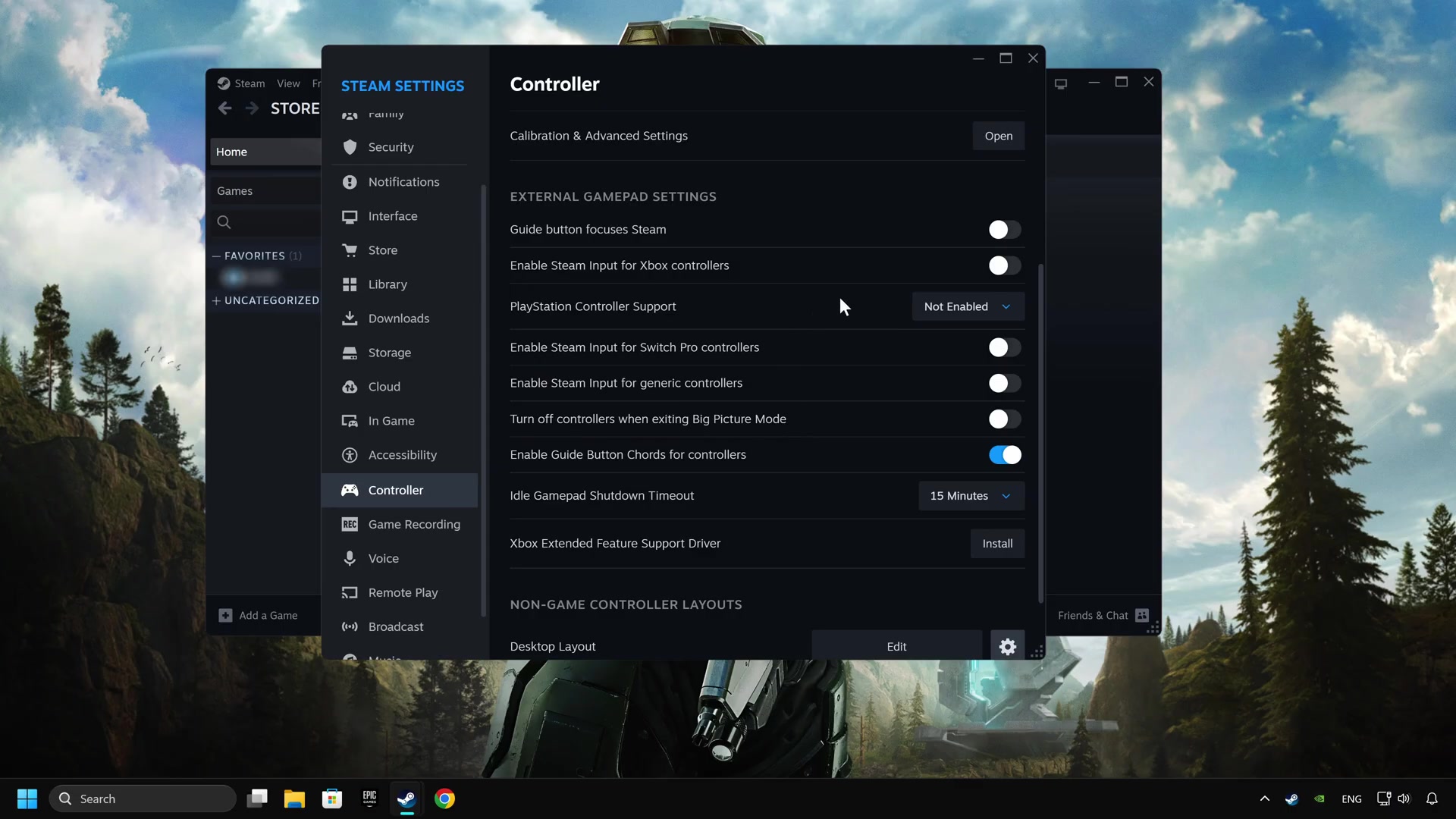 Steam Settings is open on the Controller page with controller status visible.