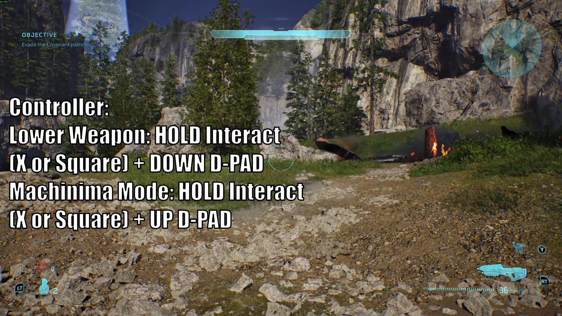 Gameplay demonstrates holding Interact with Down D-pad to lower the weapon.