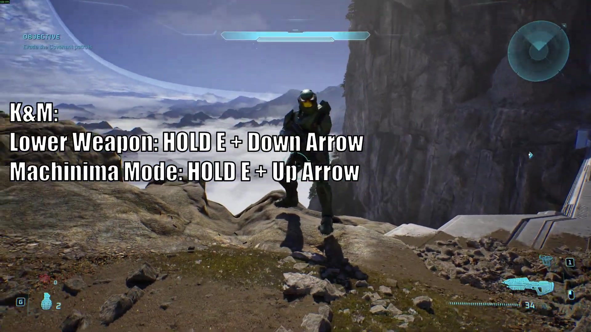 The source's keyboard overlay identifies E plus Down Arrow for lower weapon.