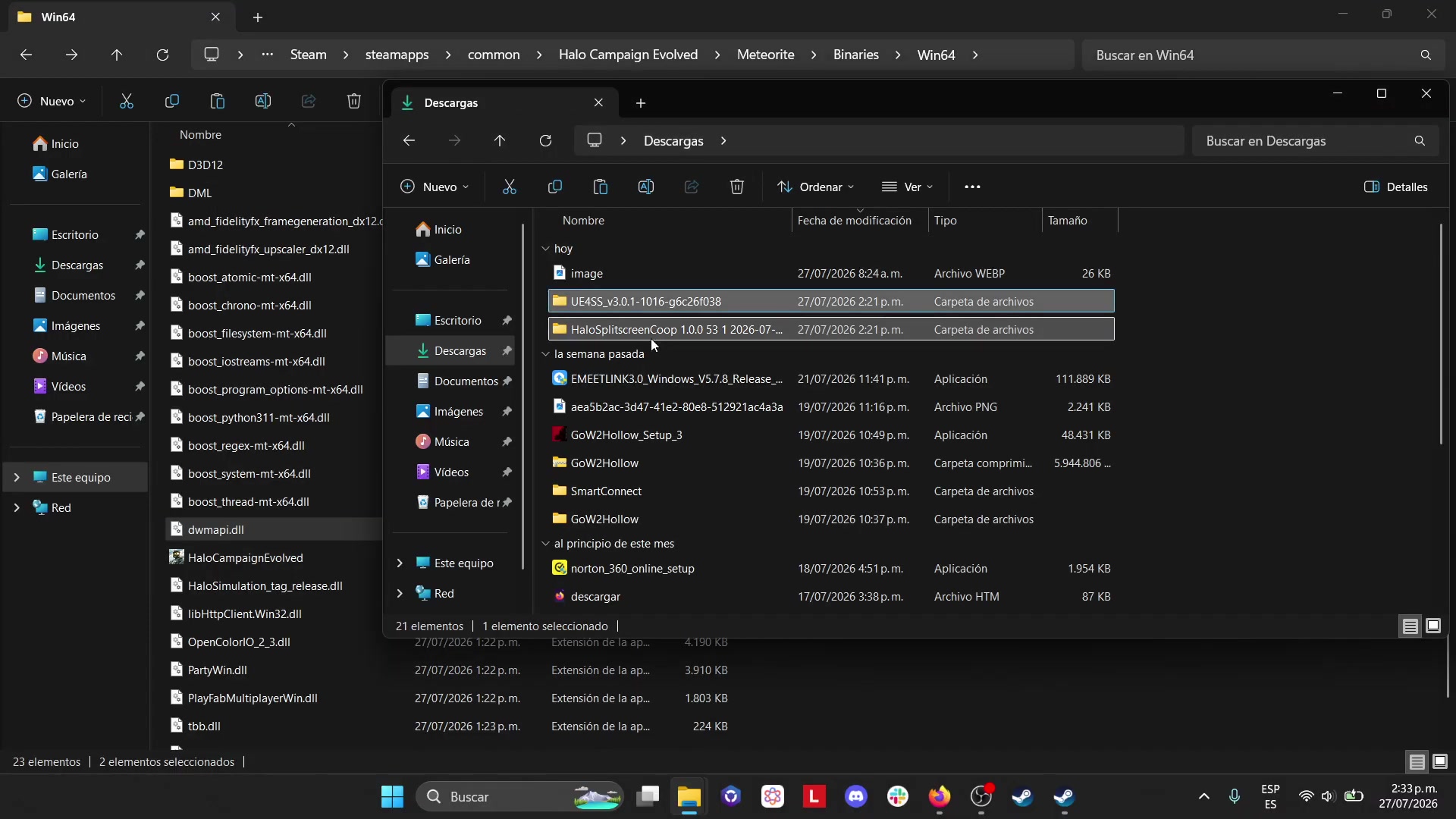 File Explorer shows the source package being placed in the game executable directory.