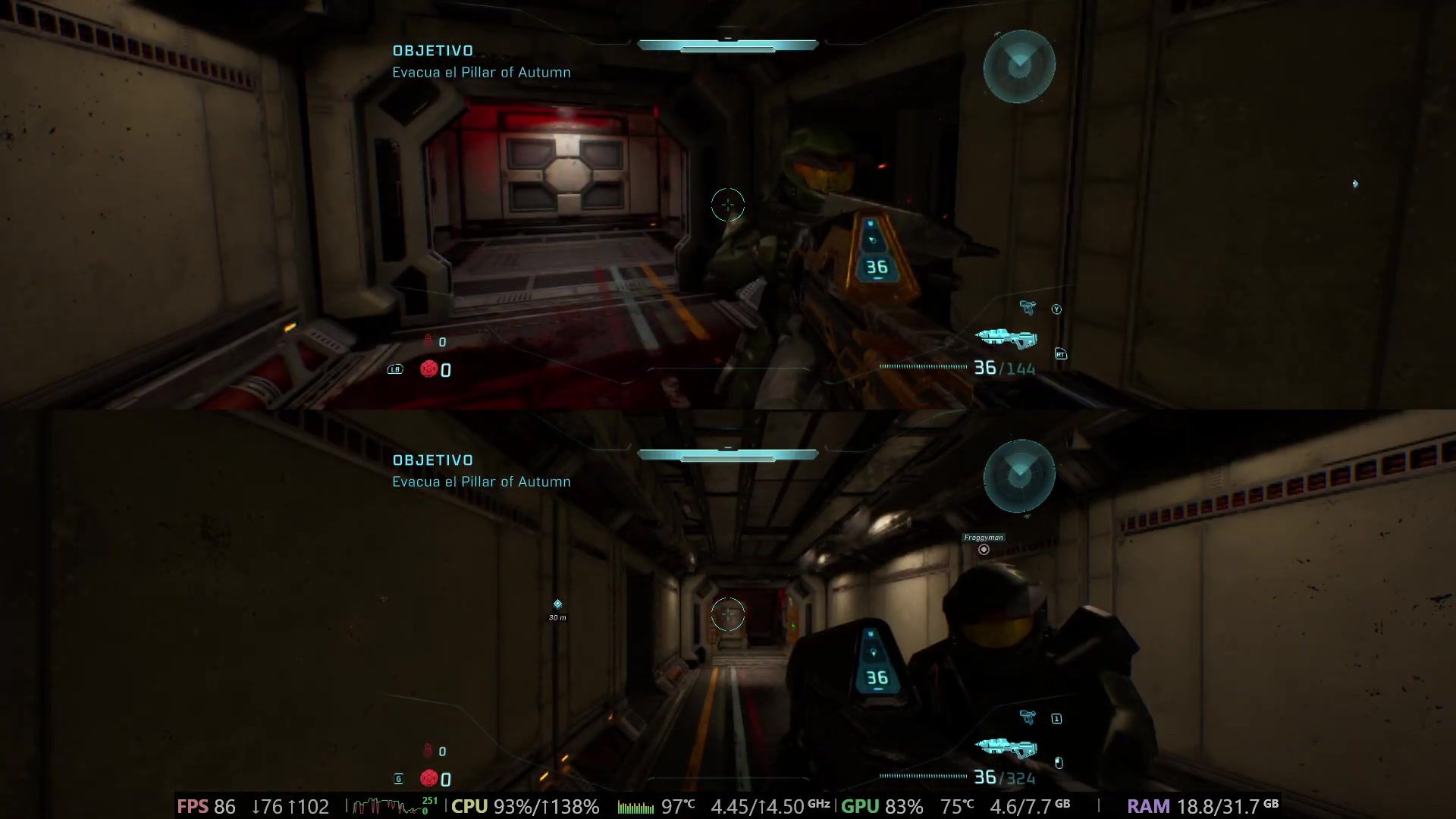 Gameplay confirms a second local player is visible after the source's join flow.