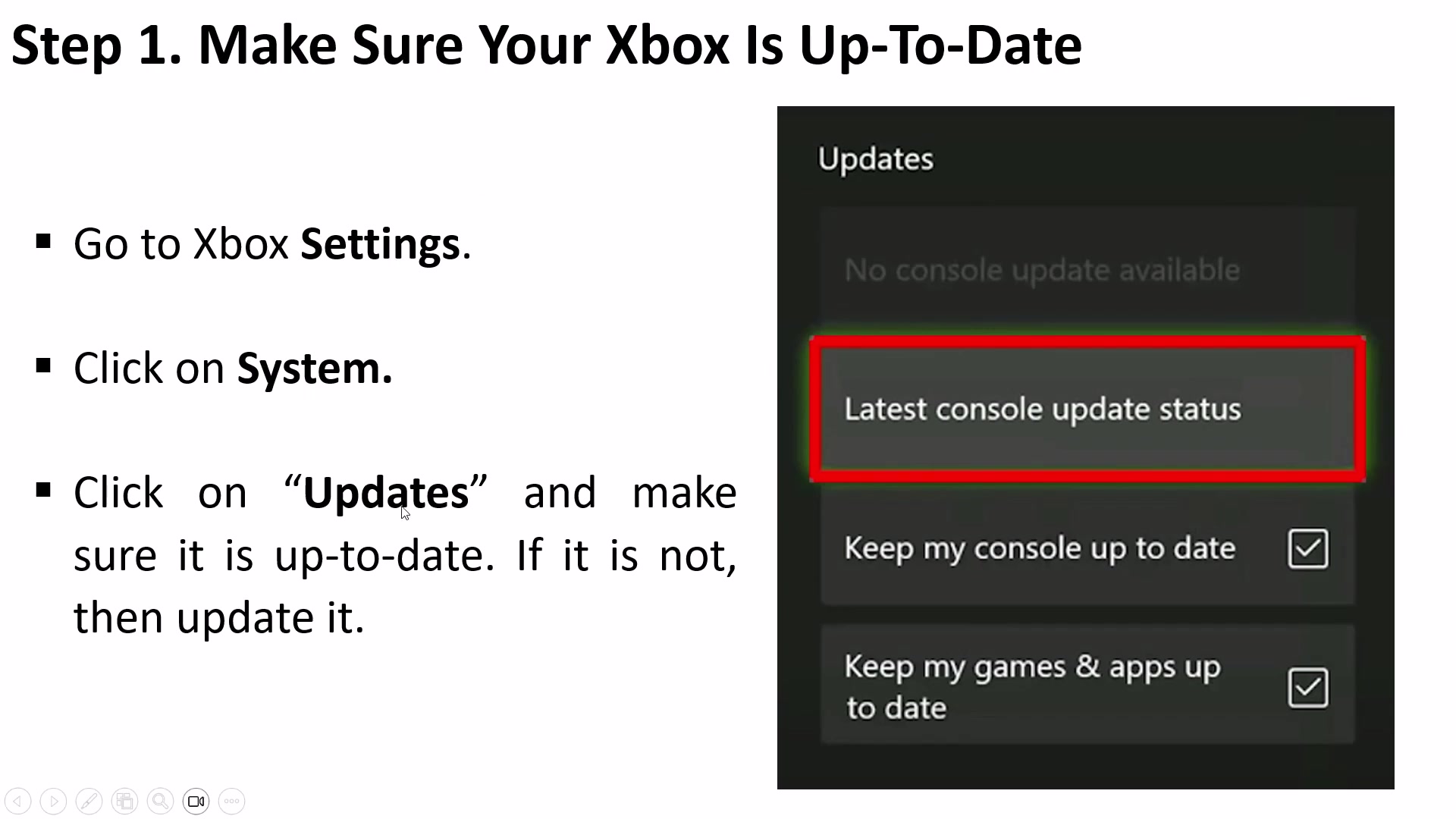 Xbox Updates page with the Latest console update status field highlighted in the source slide.