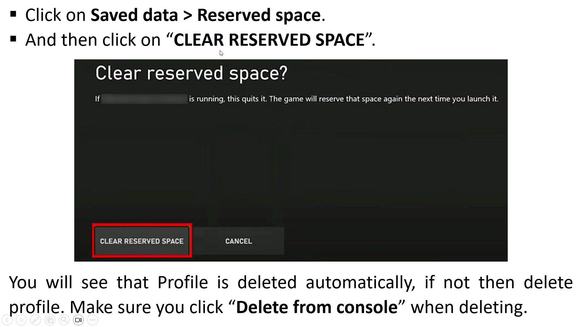 Xbox Clear reserved space confirmation dialog with the action highlighted.