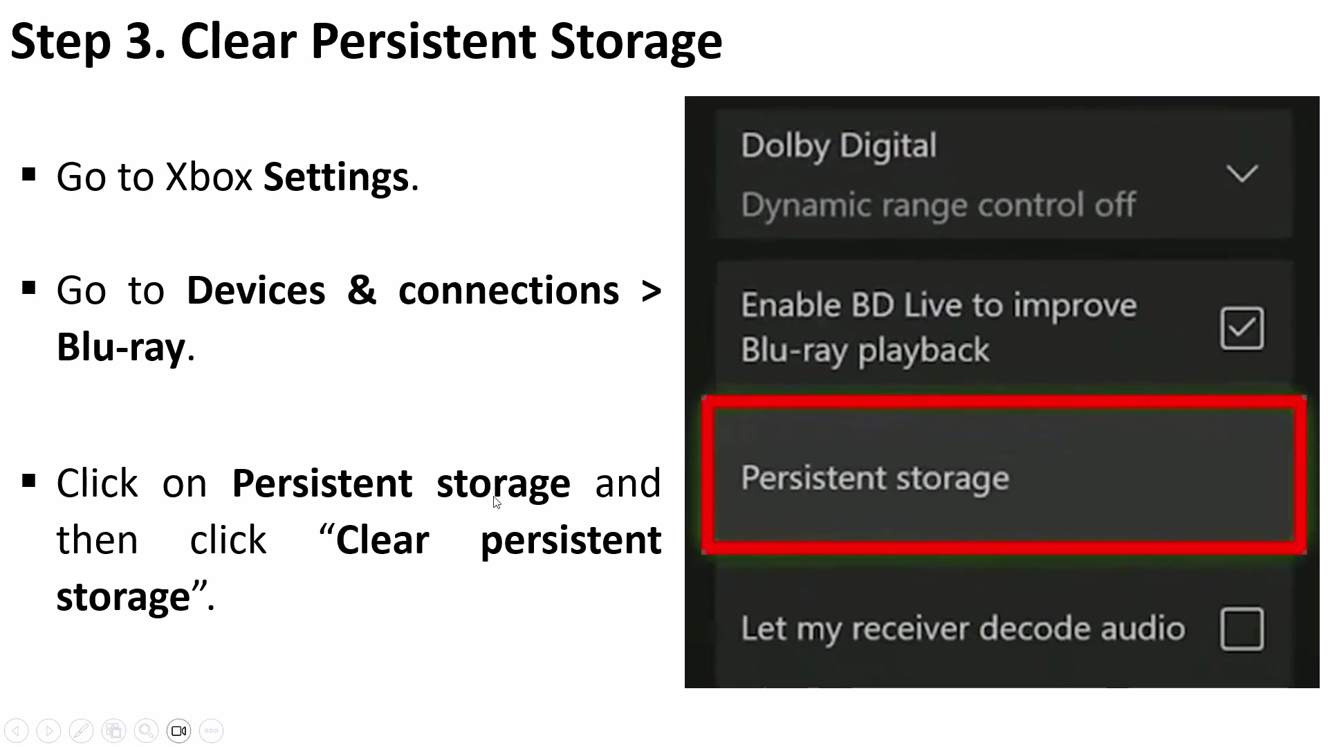 Xbox Blu-ray settings with Persistent storage outlined in red.