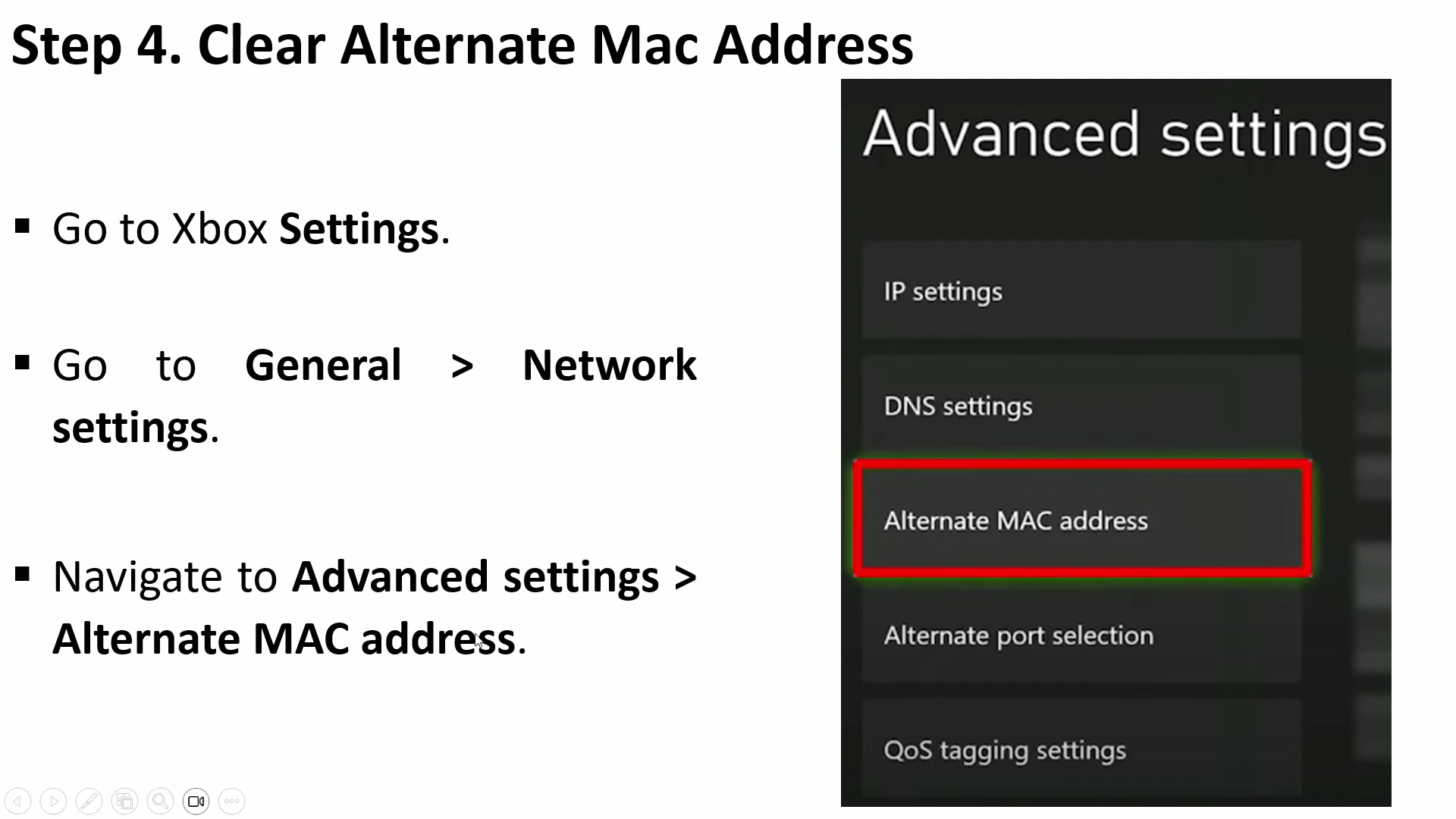 Xbox Advanced settings page with Alternate MAC address highlighted.