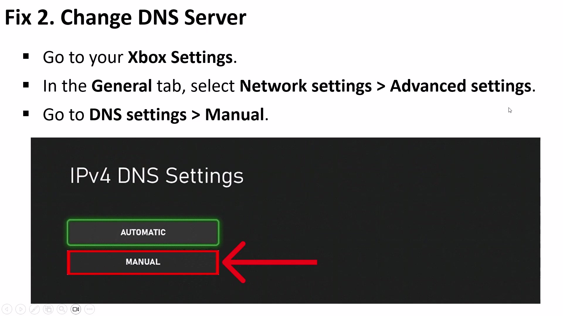 Xbox IPv4 DNS Settings page with Manual selected and highlighted.