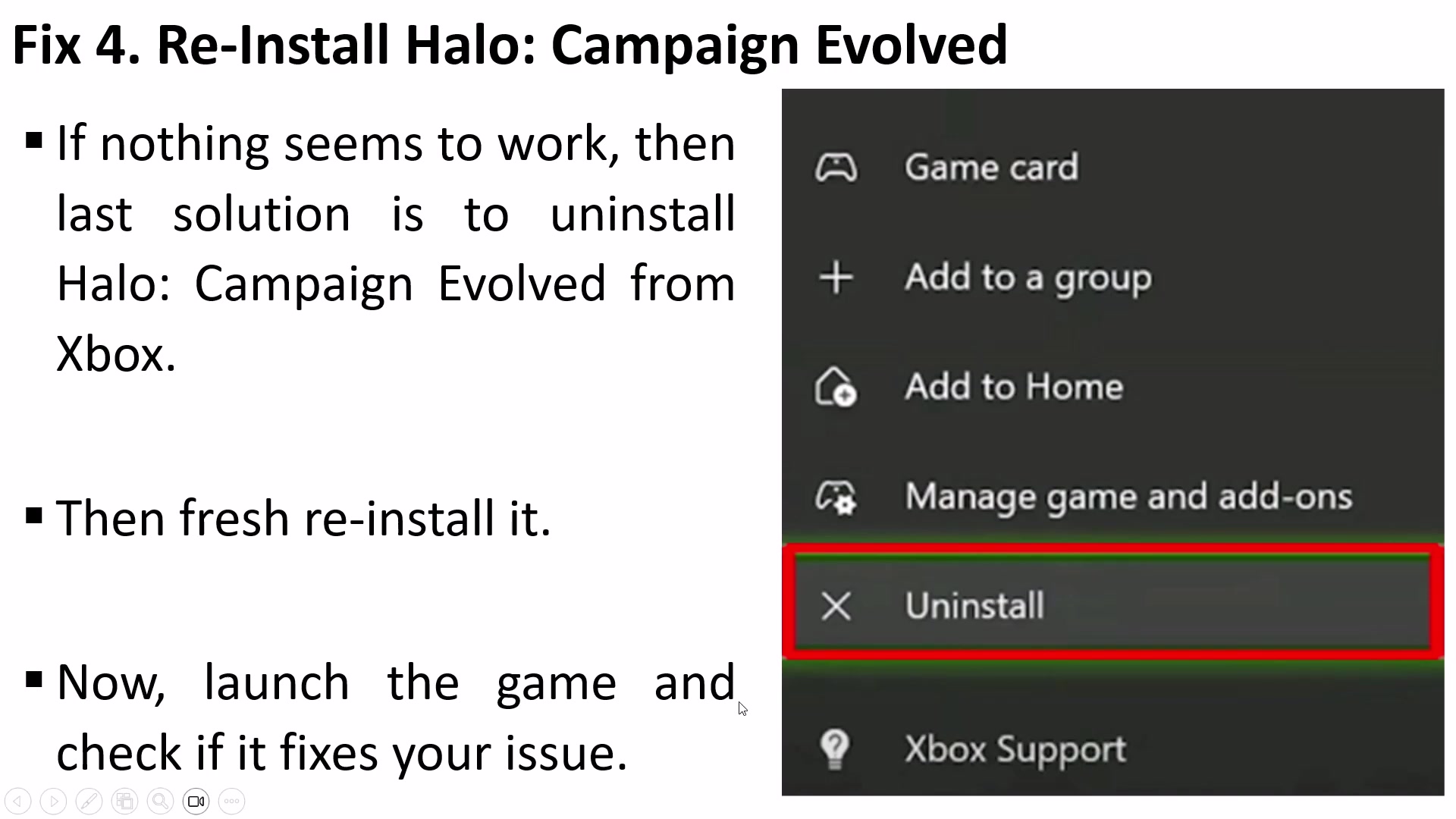Halo Campaign Evolved game-card menu with Uninstall highlighted as the final source step.