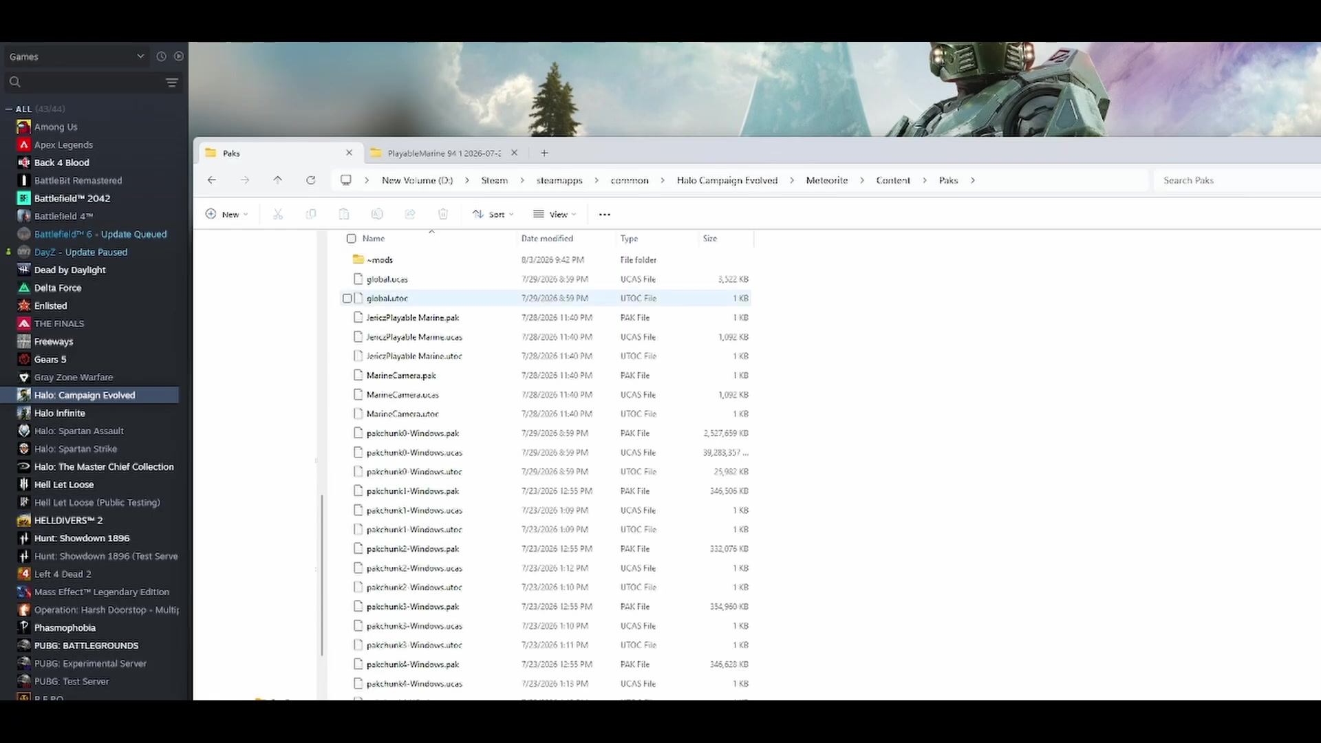 Halo Campaign Evolved Paks folder open in File Explorer with the Marine package files visible