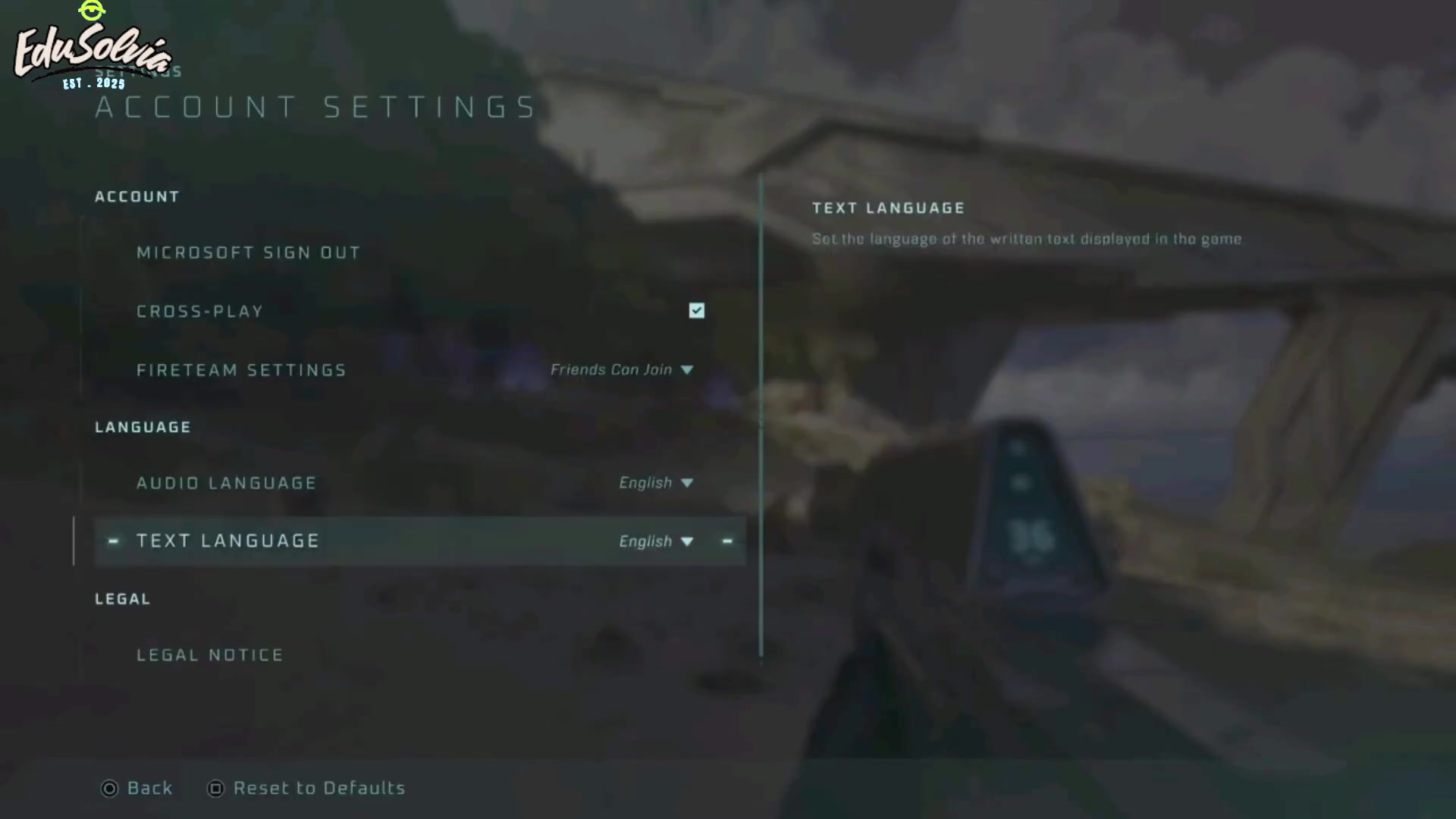 Text Language row highlighted on the Account Settings page