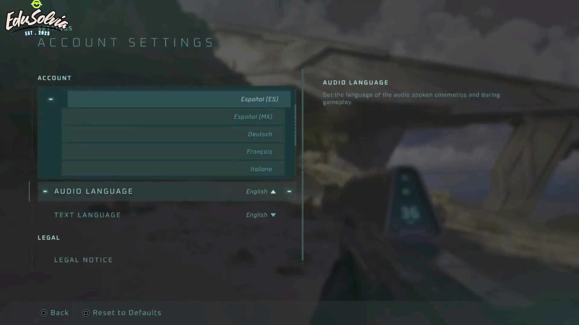Expanded Audio Language dropdown with several language choices