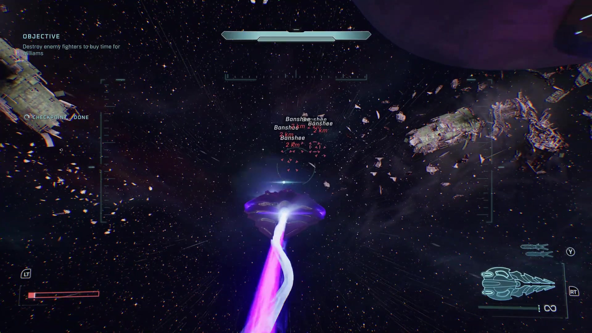 Seraph cockpit targeting a labeled Banshee during the Heavy Burden space battle